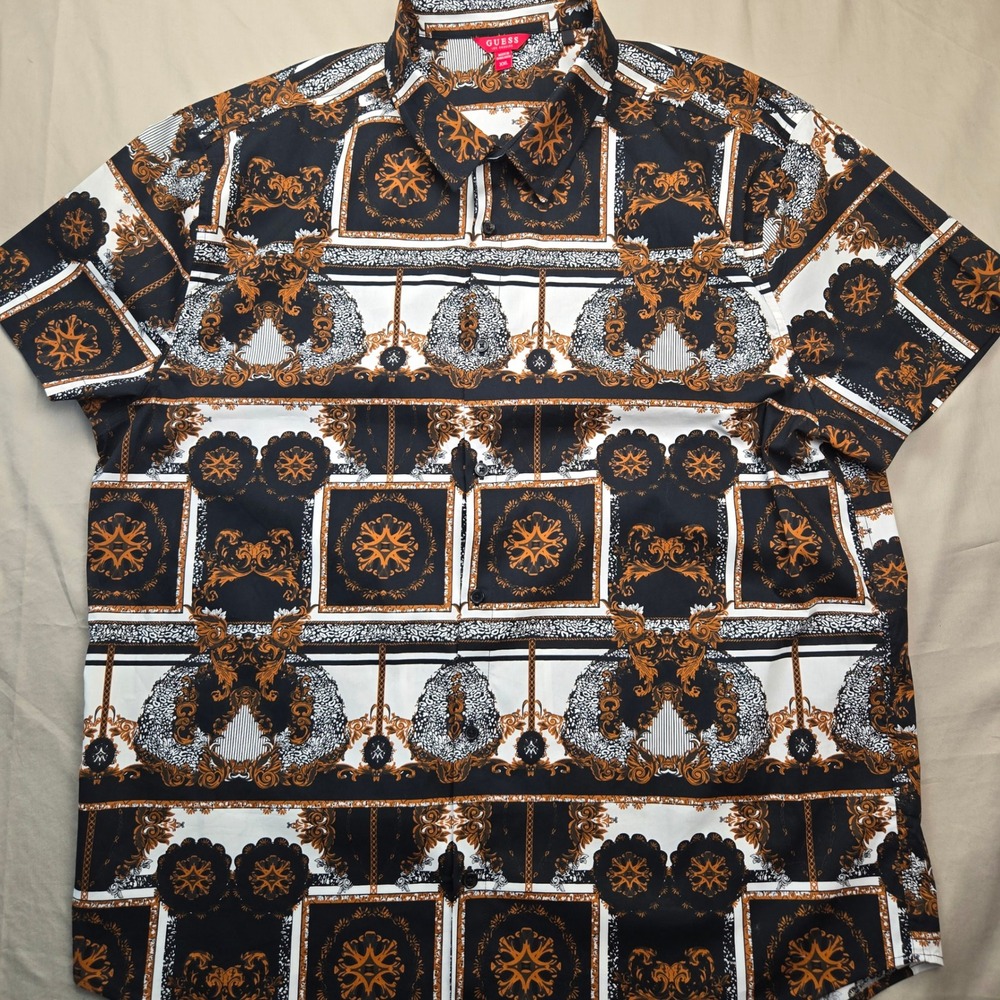 Guess Los Angeles Mens XXL Baroque Chain Print Button Down Shirt Black Gold‎